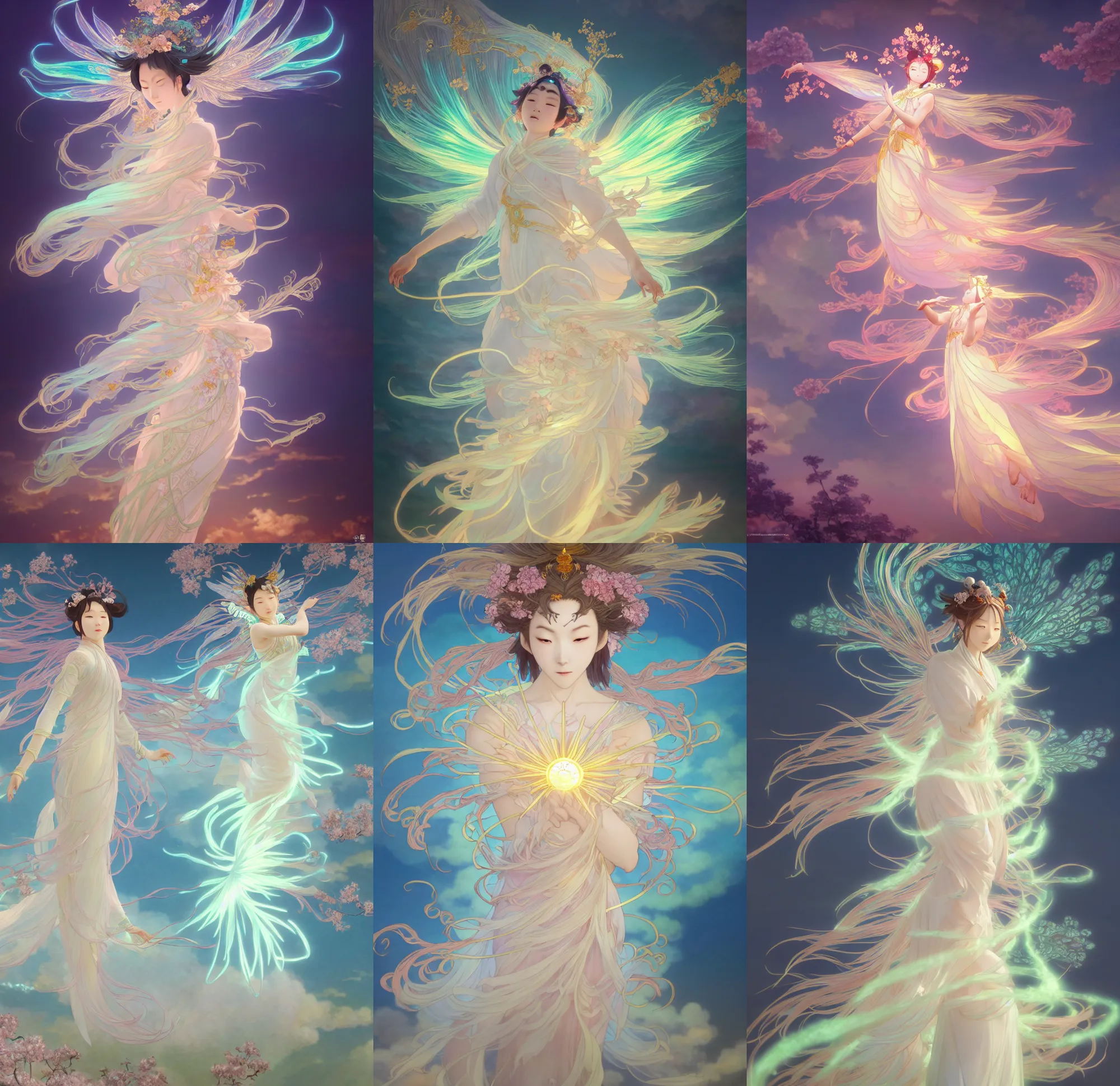 Prompt: glowing cloud, chinese taoist fairy goddess. hyper detailed, character concept, full body, dynamic pose, intricate, lineart, cerpuscular rays, lily flowers. by yoshitaka amano, alfons mucha and makoto shinkai. 8 k