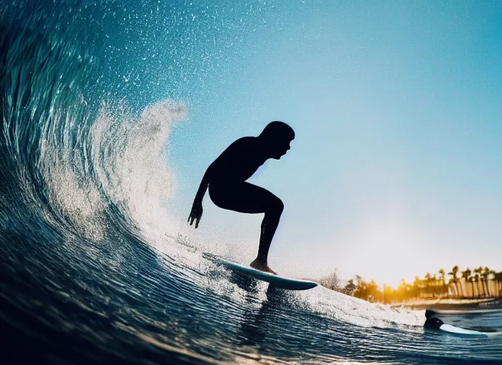 Prompt: a 2 8 mm macro photo of a surfer inside a curling wave, splash art, movie still, bokeh, canon 5 0 mm, cinematic lighting, dramatic, film, photography, golden hour, depth of field, award - winning, anamorphic lens flare, 8 k, hyper detailed, 3 5 mm film grain, hazy