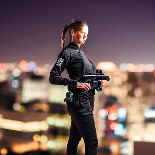 Image similar to photographic portrait of a techwear woman holding a Glock 18, closeup, on the rooftop of a futuristic city at night, sigma 85mm f/1.4, 4k, depth of field, high resolution, 4k, 8k, hd, full color