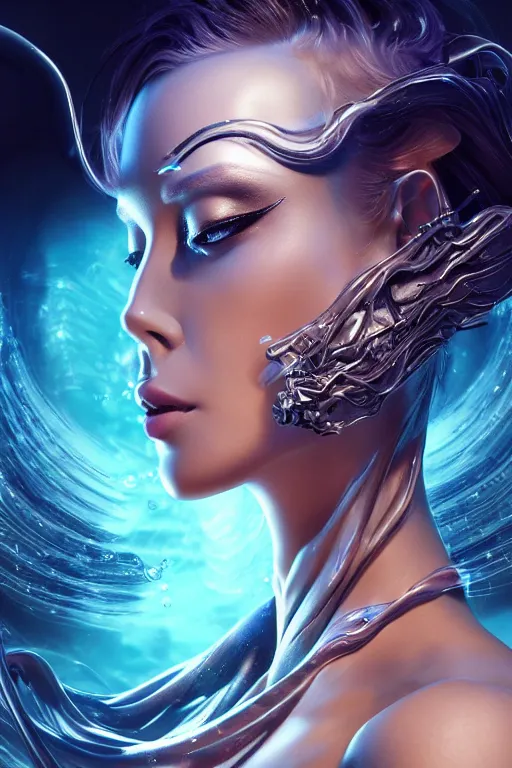 Image similar to a centered profile render of an alluring futuristic goddess with slight cyborg modifications surrounded by a underwater ink pour and flowing liquid gallium and sacred geometry, perfect body and face, powerful, cinematic, beautifully lit, by artgerm, by karol bak, 3 d, trending on artstation, octane render, 8 k