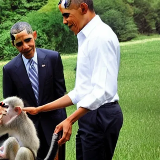 Prompt: Obama petting a cute monkey. Photo.