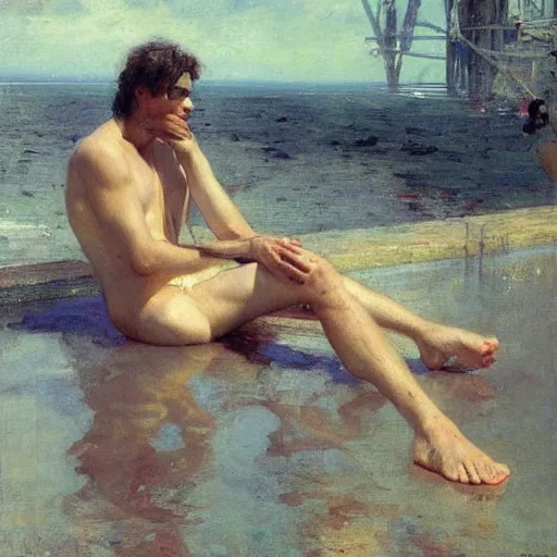 Image similar to a lean young brown haired man in a swimsuit at a water park. By Ilya Repin and Ruan Jia. Masterpiece