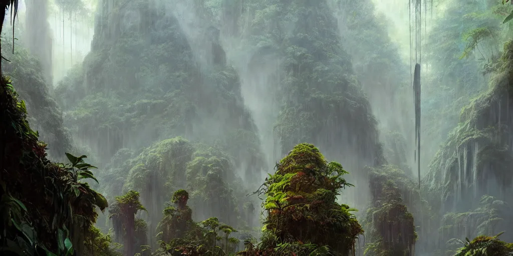 Image similar to a expressive landscape of mayan ancient jungle, artstation, award - winning realistic sci - fi concept art by jim burns and greg rutkowski, beksinski, a realism masterpiece, expressive color palette, james gilleard, bruegel, alphonse mucha, and yoshitaka amano