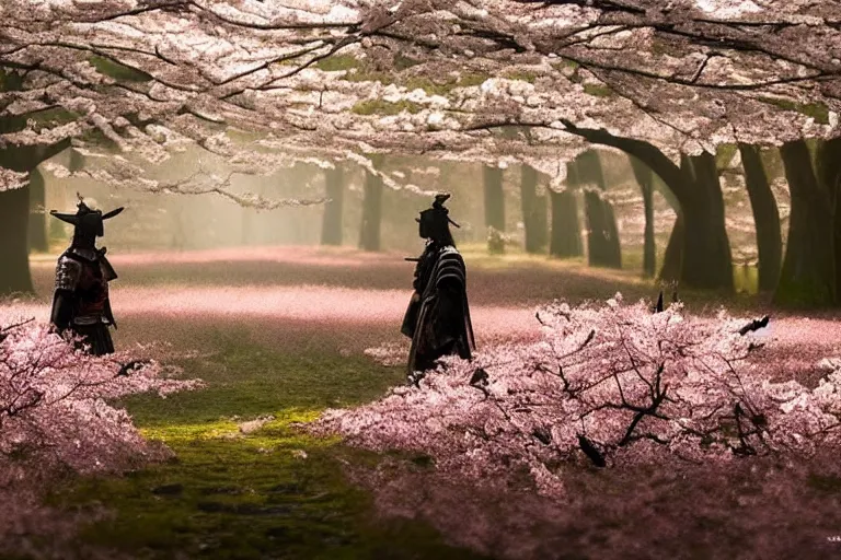 Image similar to vfx movie scene samurai couple stand off blades drawn in cherry blossom forest, natural lighting by emmanuel lubezki