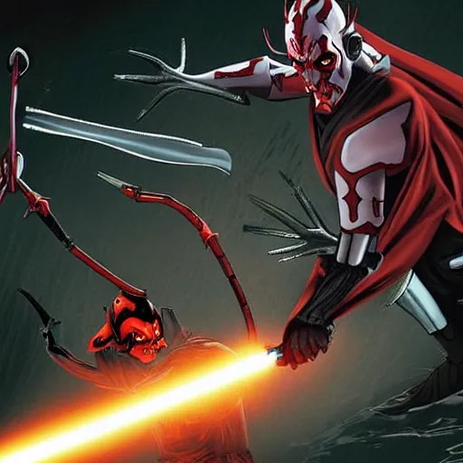 Prompt: Darth Maul fights General Grievous