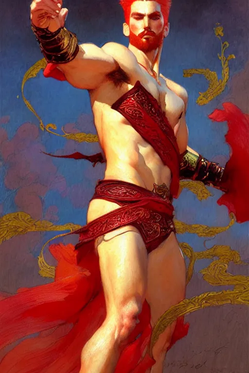 Prompt: male, fighter with magic power, red hair, character design, ming dynasty, colorful, painting by gaston bussiere, craig mullins, j. c. leyendecker, tom of finland