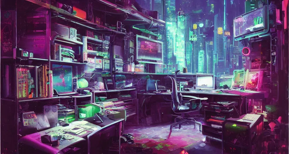 Image similar to IKEA catalogue photo of a cyberpunk bureau, by Paul Lehr