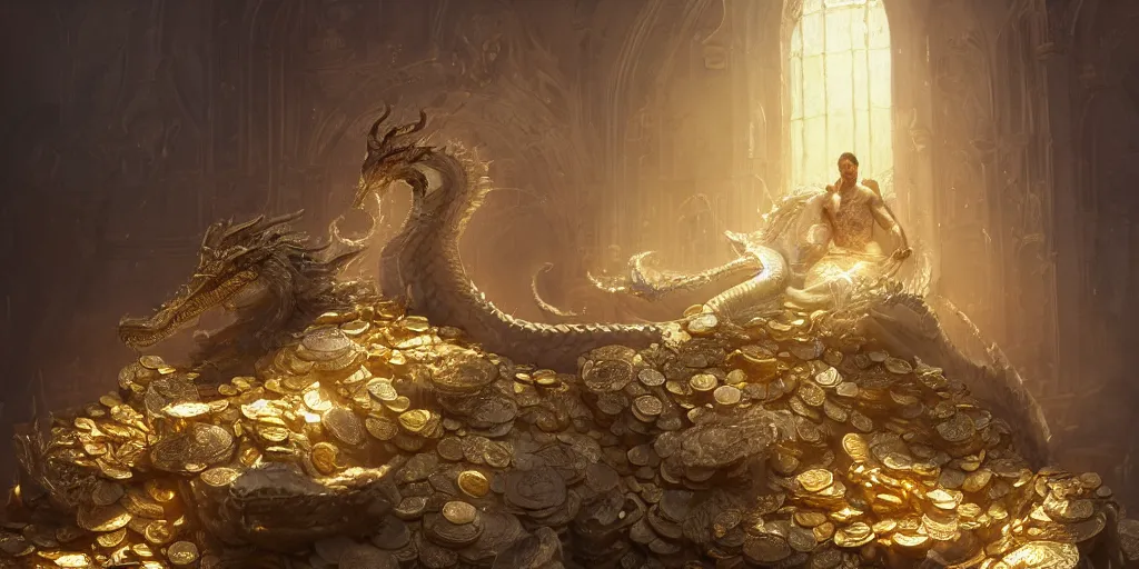 Image similar to concept art of a white scaled dragon laying on a mountain of golden coins and precious jewels inside a castle, medieval, jewels, gold, painting by wlop, nixeu and greg rutkowski, beautiful, semirealism, artstation, octane render, sharpness, 8 k, golden ratio