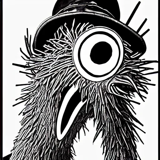 Image similar to big bird from sesame street, style of junji ito!!!!, black and white, undead