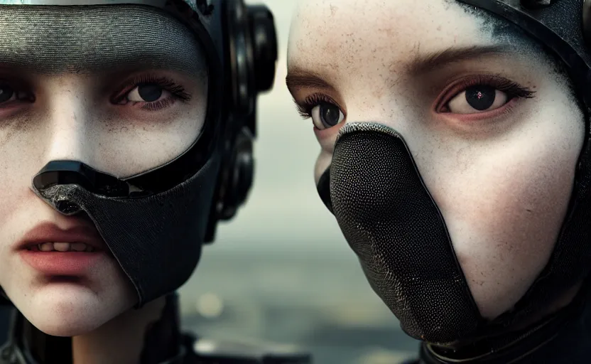 Image similar to octane render photographic portrait by helen levitt of two loving female androids wearing rugged black mesh techwear on a desolate plain, extreme closeup, modern cyberpunk, dust storm, 8 k, hd, high resolution, 3 5 mm, f / 3 2, ultra realistic faces, trending on artstation, ex machina