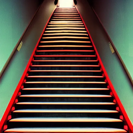 Prompt: noisy color photograph of a retrofuturist liminal space, staircase to the surface, minimalist, creepy, cinematic, soft vintage glow