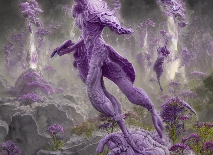 Image similar to Various purple weeds growing in a garden made of marble and crystals by Wayne Barlowe and Peter Mohrbacher, detailed, sharp, digital art, trending on Artstation