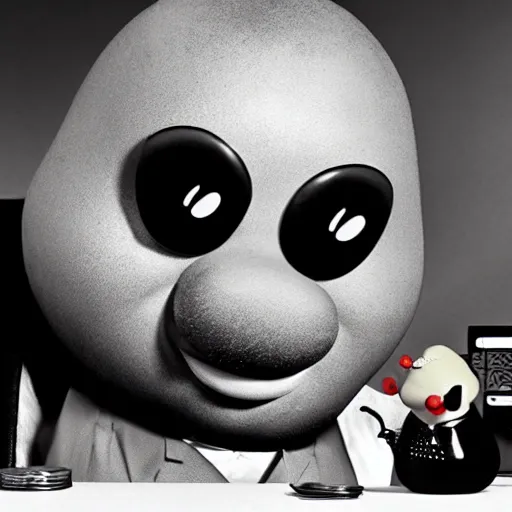 Image similar to Mr Potato Head as a drug dealer, dramatic, sharp focus, intense detail, noir, cinematic