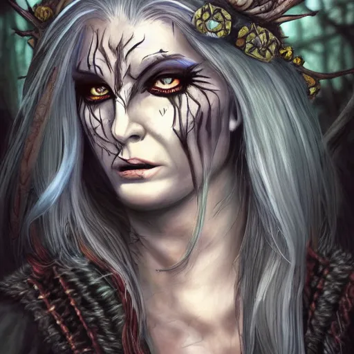 Prompt: character art of evil druidess | by Brom | blighted forest | comic book style | realistic face and body | beautiful detailed face