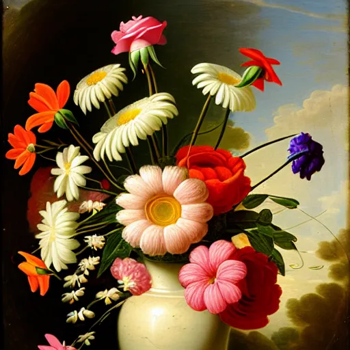 Image similar to a still life of a vase of flowers with a mix of roses daisies and lilies.