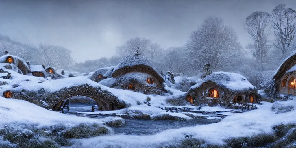 Prompt: Hobbiton near a frozen river during winter, evening, detailed matte painting, cinematic, Alan Lee, Artstation