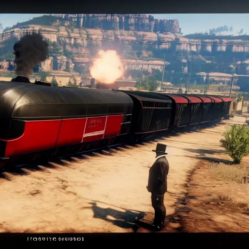 Image similar to futuristic sleek steam locomotive in red dead redemption 2