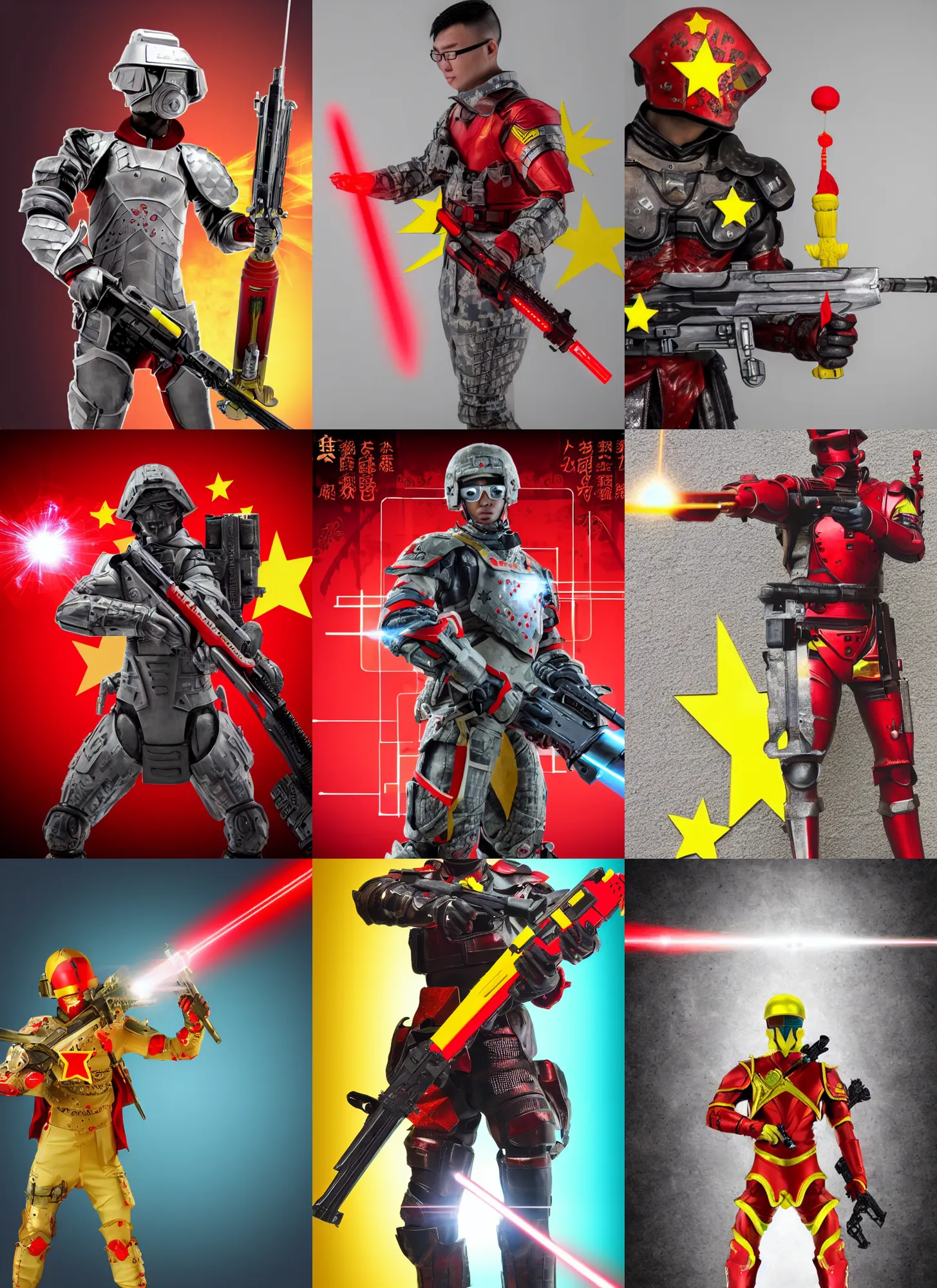 Prompt: futuristic soldier with red armor holding laser blaster and sword, all decorated with chinese writings and yellow stars