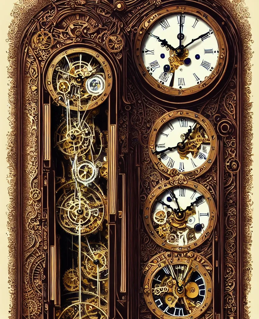 Image similar to ornate steampunk grandfather clock, high details, intricately detailed, by vincent di fate, inking, 3 color screen print, masterpiece, trending on artstation,, sharp, details, hyper - detailed, hd, 4 k, 8 k