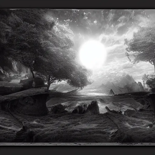 Image similar to being caught between the waking world and a dream state, black and white matte painting