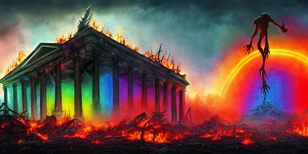 Image similar to monstrosity abomination rainbow god monster destroying on the roof of the burnt remains of the white house, performing a ritual to call aliens down from the night sky, wide shot, concept art, smooth, high quality, 4 k