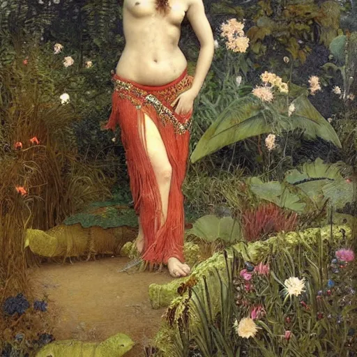 Image similar to epic masterpiece full body portrait a beautiful woman belly dancer, standing next to baby stegosaurus in a garden, by Edgar Maxence and Ross Tran and Michael Whelan