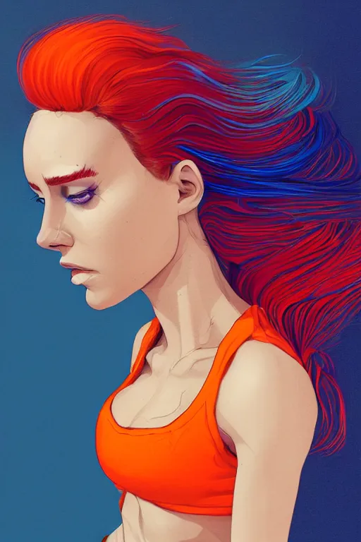 Image similar to a award winning half body portrait of a beautiful caucasian woman in a croptop and cargo pants with ombre orange blue teal hairstyle with head in motion and hair flying by martine johanna and will eisner, outrun, vaporware, digital art, trending on artstation, highly detailed, fine detail, intricate