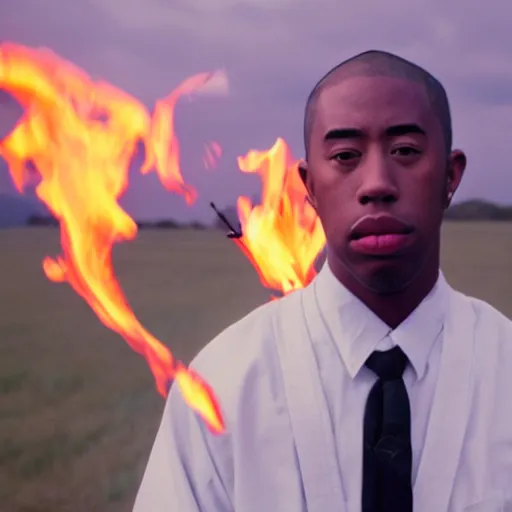 Image similar to cinematic film still of rapper Tyler The Creator starring as a Japanese Sensei with fire, Japanese CGI, VFX, 2003, 40mm lens, shallow depth of field, film photography