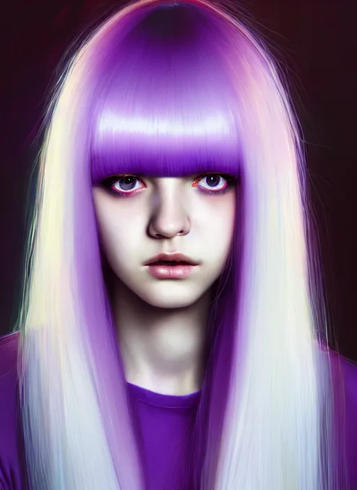 Image similar to hair whitebangs hair, black hair, whitebangs, portrait of teenage girl with white bangs, red irises, purple clothes, white bangs, bangs are different color from hair, intricate, elegant, glowing lights, highly detailed, digital painting, artstation, concept art, smooth, sharp focus, illustration, art by wlop, mars ravelo and greg rutkowski