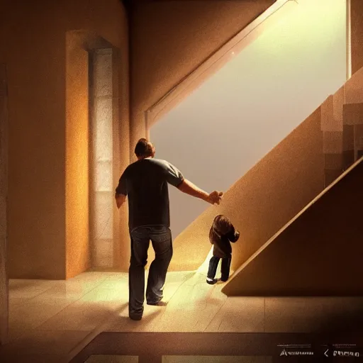 Image similar to a man going into heaven with his wife and children through stairs which is connecting magical world to heaven, realistic, concept art trending on artstation, glowing effect, golden ratio, rule of thirds, illustration, digital painting, hyperreal, hyperdetailed, 8k