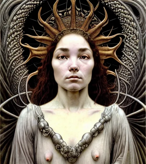 Image similar to detailed realistic beautiful young medieval bjork face portrait by jean delville, gustave dore and marco mazzoni, art nouveau, symbolist, visionary, gothic, pre - raphaelite. horizontal symmetry by zdzisław beksinski, iris van herpen, raymond swanland and alphonse mucha. highly detailed, hyper - real, beautiful