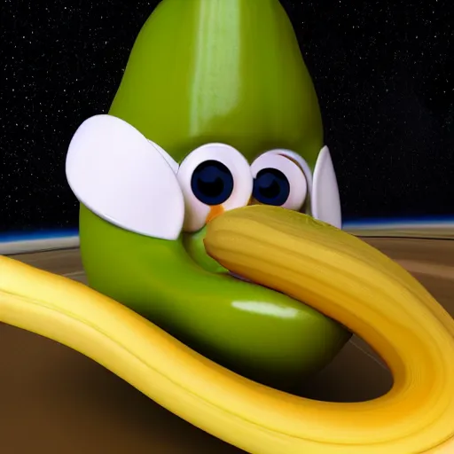 Image similar to a realistic photo of a hungry banana eyes and mouth eating a pickle on Saturn, realistic, 3D render, 8k,