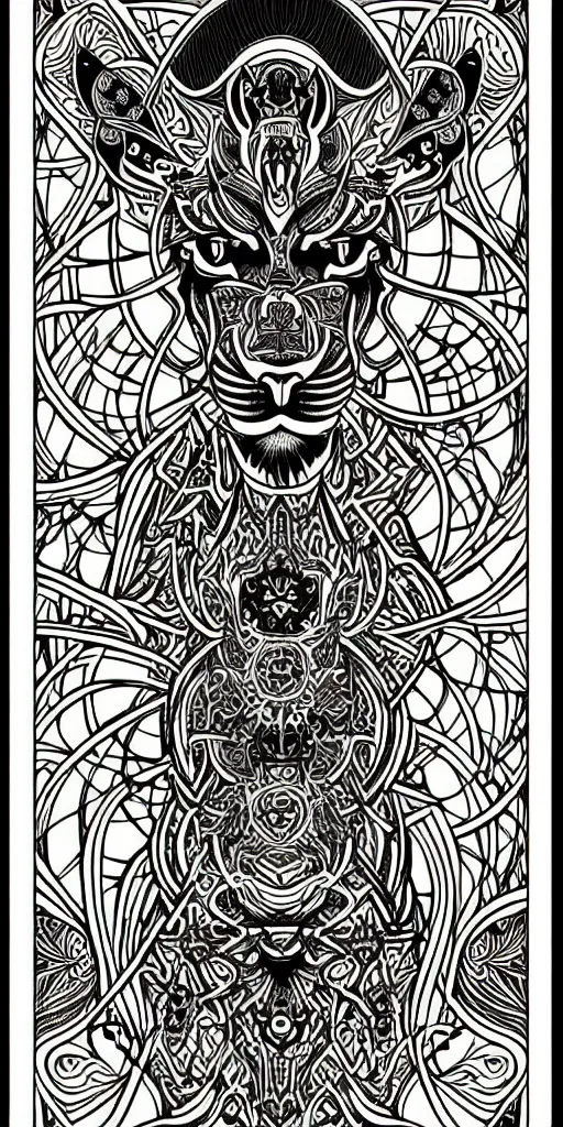 Image similar to a beautiful black and white fractal tarot card featuring bold occult imagery with clean lines. lioness demon. detailed adult coloring book