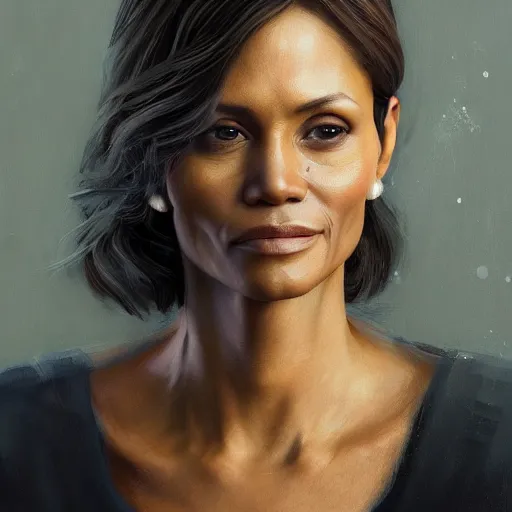 Image similar to portrait of maci holloway, first woman elected as president in usa, cold but beautiful, about 3 5 years old, highly detailed, mix of halle berry and julia roberts, gong li, olga kurylenko, artstation hd, deviantart, by artgem, greg rutkowski