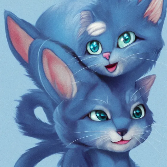 Image similar to cute blue cat of cheshire from alice in wonderland. an adorable cat with light blue stripes and a big human like playful smile. award - winning digital art, trending on artstation