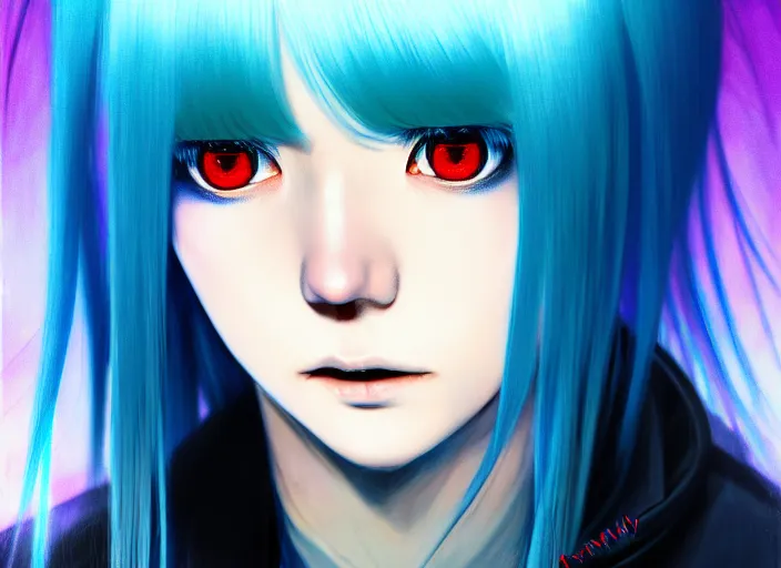 Image similar to full face shot of rimuru tempest, sky blue straight hair, long bangs, with amber eyes, wearing a black jacket, high collar, ultra detailed, concept art, award winning photography, digital painting, cinematic, wlop artstation, closeup, pixiv, evil, yoshitaka amano, andy warhol, ilya kuvshinov,