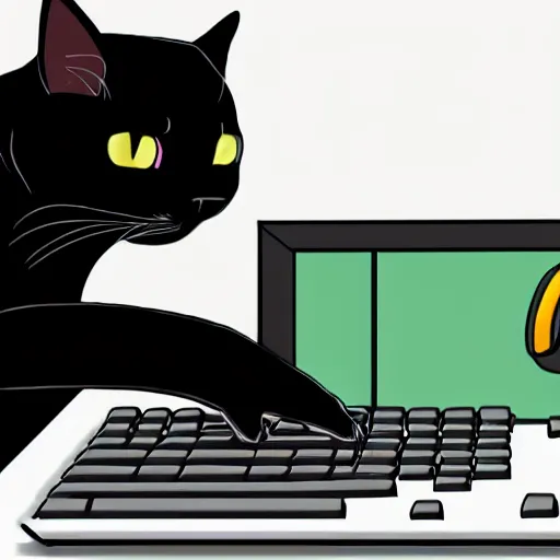 Image similar to a black cat programming in a computer. cartoon. high quality. high fidelity. unsplash. devianart.