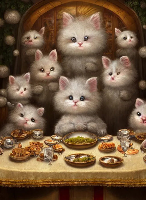 Prompt: highly detailed group closeup portrait of cute fluffy animals having a banquet in a castle, unreal engine, nicoletta ceccoli, mark ryden, earl norem, lostfish, global illumination, god rays, detailed and intricate environment