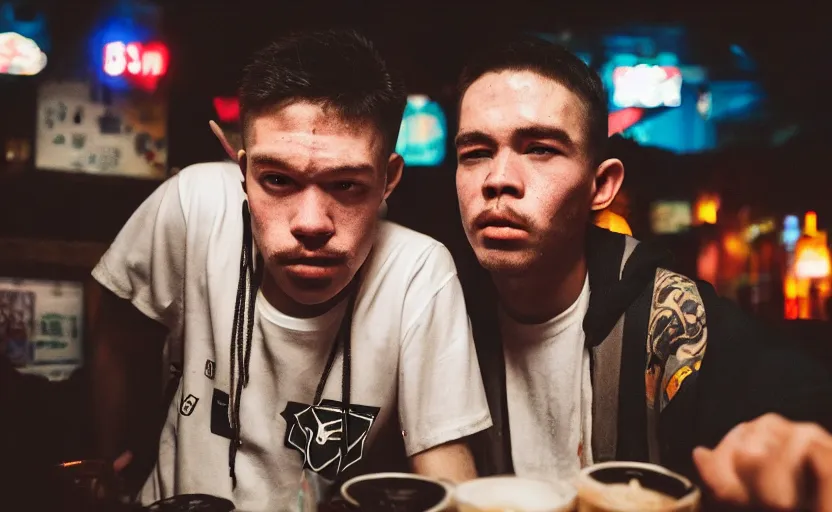 Image similar to cinestill 5 0 d photographic portrait of two white rats wearing streetwear talk at a bar in cyberpunk china, extreme closeup, modern cyberpunk, dust storm, 8 k, hd, high resolution, 3 5 mm, f / 3 2, ultra realistic faces, intricate detail, ex machina