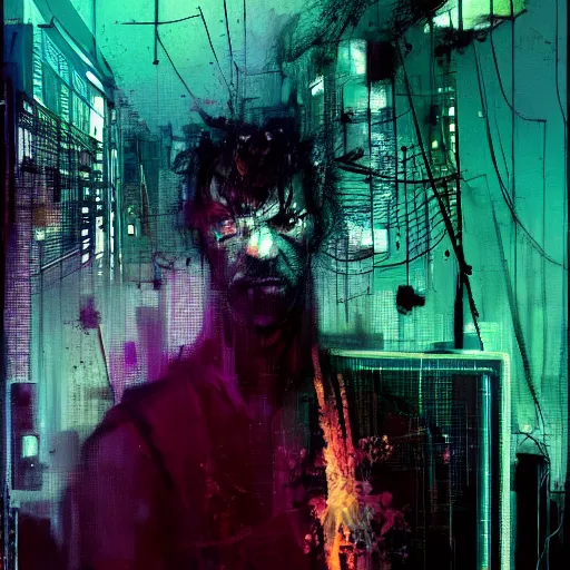 Image similar to a man lost in a cyberpunk noir glitchcore world of wires, and machines, by jeremy mann, francis bacon and agnes cecile, and dave mckean ink drips, paint smears, digital glitches glitchart