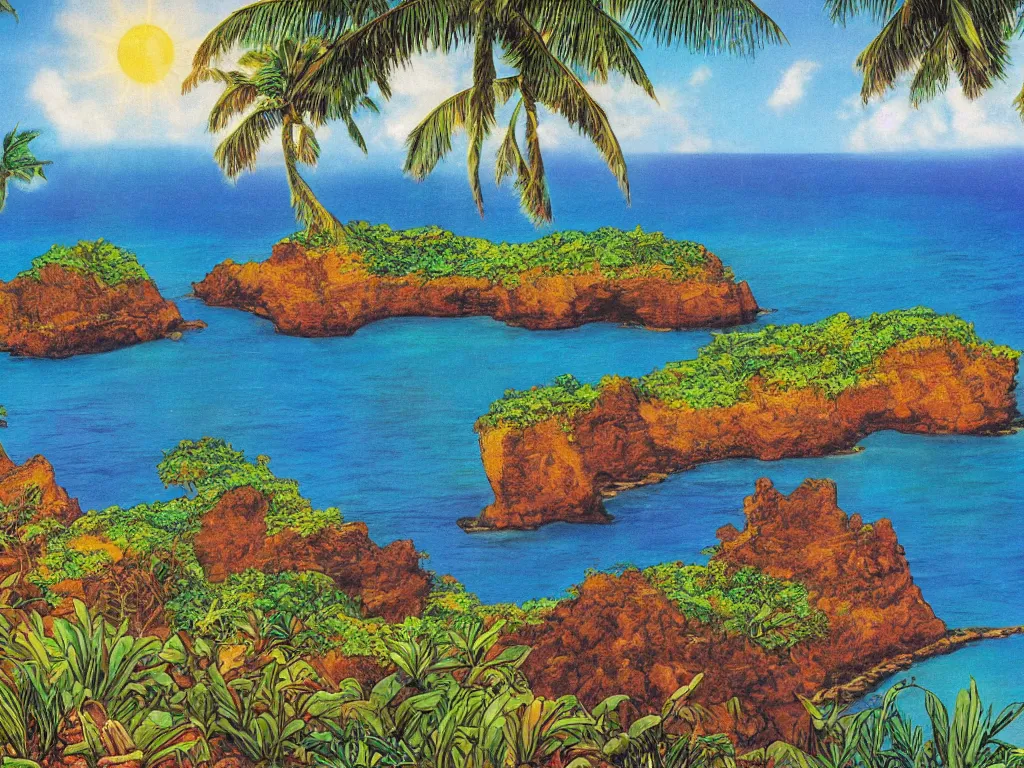 Prompt: 1980s Fantasy, Kauai, Hidden lava rock beach lagoon vista, Sunlight Study, by John Stevens and (((((Lisa Frank))))), Art Nouveau, 8k, extreme detail, sharp focus