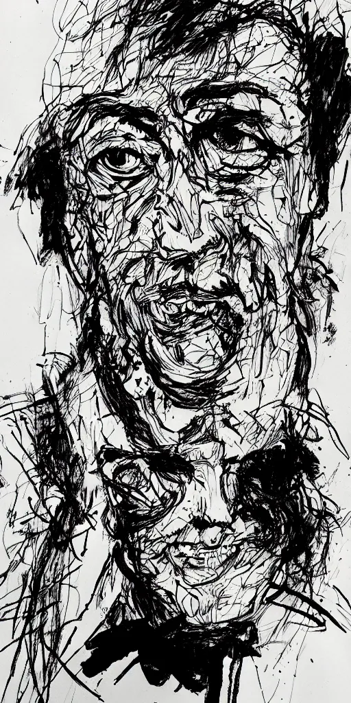 Image similar to a loose wild messy ink sketch portrait of a self portrait in the style of ralph steadman, caricature, dramatic