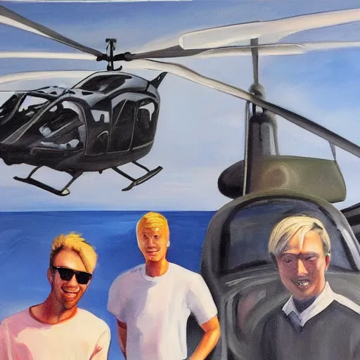 Image similar to painting of blonde swedish guy and tall korean guy in front or robinson helicopter