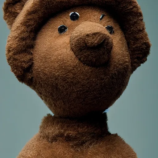 Image similar to Portrait studio photograph of Kanye West with a anthropomorphic teddy bear, close up, shallow depth of field, in the style of Felice Beato, Noir film still, 40mm