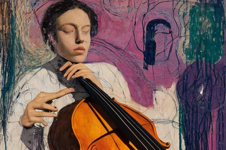 Image similar to portrait of a young cellist focusing with a background of hundreds of cellos by vincent lefevre and hernan bas and pat steir and hilma af klint, psychological, symmetrical face, dripping paint, rendered in octane, altermodern, masterpiece