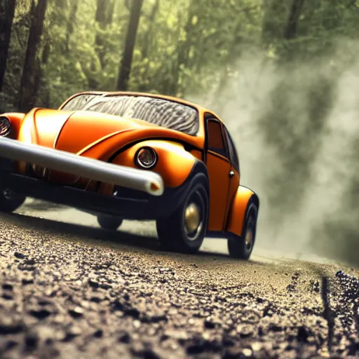 Prompt: promotional scifi - blockbuster movie scene of a ladybug imitating a'glossy volkswagen beetle '. it wings and is flying down a dusty backroad along a gentle creek in smokey mountains tennessee. cinematic, muted dramtic color, 4 k, imax, 7 0 mm, hdr