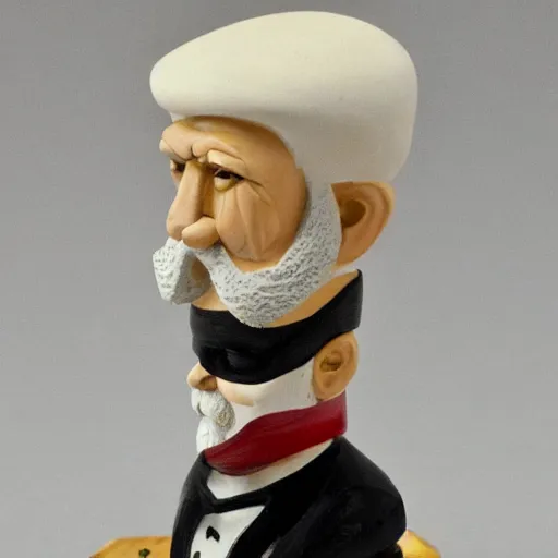 Image similar to a painted wooden figurine of a serious looking, old, ship captain with white hair, white beard, wearing an eyepatch, with a black cigar pipe, a black coat, and white captain's cap with gold accents, standing with one wooded leg, on a cuboidal wooden platform