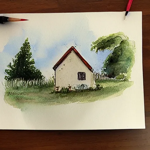 Prompt: a watercolor and ink painting of a cottage, drawn on white parchment paper