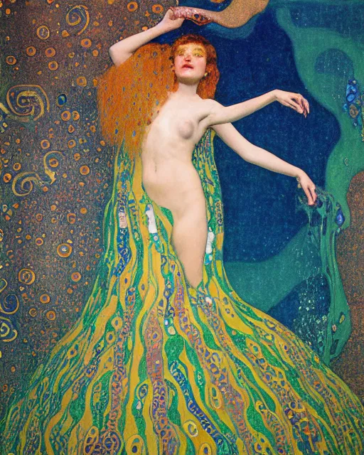 Prompt: a beautiful girl underwater wearing a colourful octopus as a dress and surrounded by glowing jellyfish, painted by gustave klimt, edgar maxence, edward hopper, wayne barlowe, james gilleard and james jean