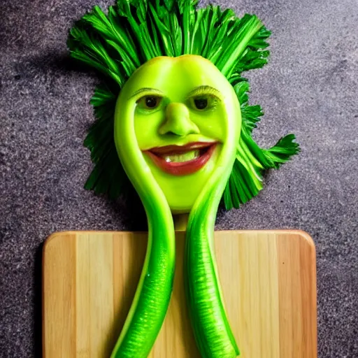 Image similar to selena gomez made out of celery, a human face with celery for hair, celery in the shape of a human face, a bunch of celery sitting on a cutting board, professional food photography